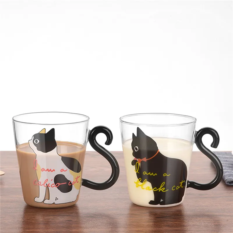 

Cute Creative Cat Glass Mug Cup Tea Cup Milk Coffee Cup Cartoon Kitten /Little black cat Home Office Cup Fruit Juic 220 ML