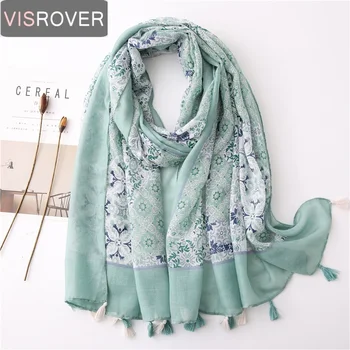 

VISROVER Summer Scarf For Women Girl Blue Viscose Bohemian Floral Scarf Tropical Print Scarf Beach Scarfs Sun Protection Shawl