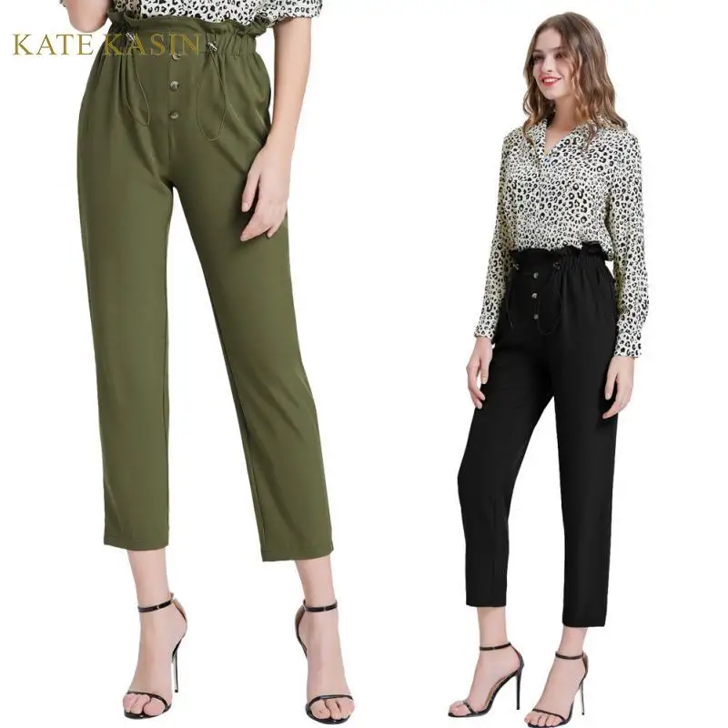 

Kate Kasin Fashion Women Elastic High Waist Ankle Length Pants Office Lady Casual Black/Army Green Pencil Work Pants Trousers