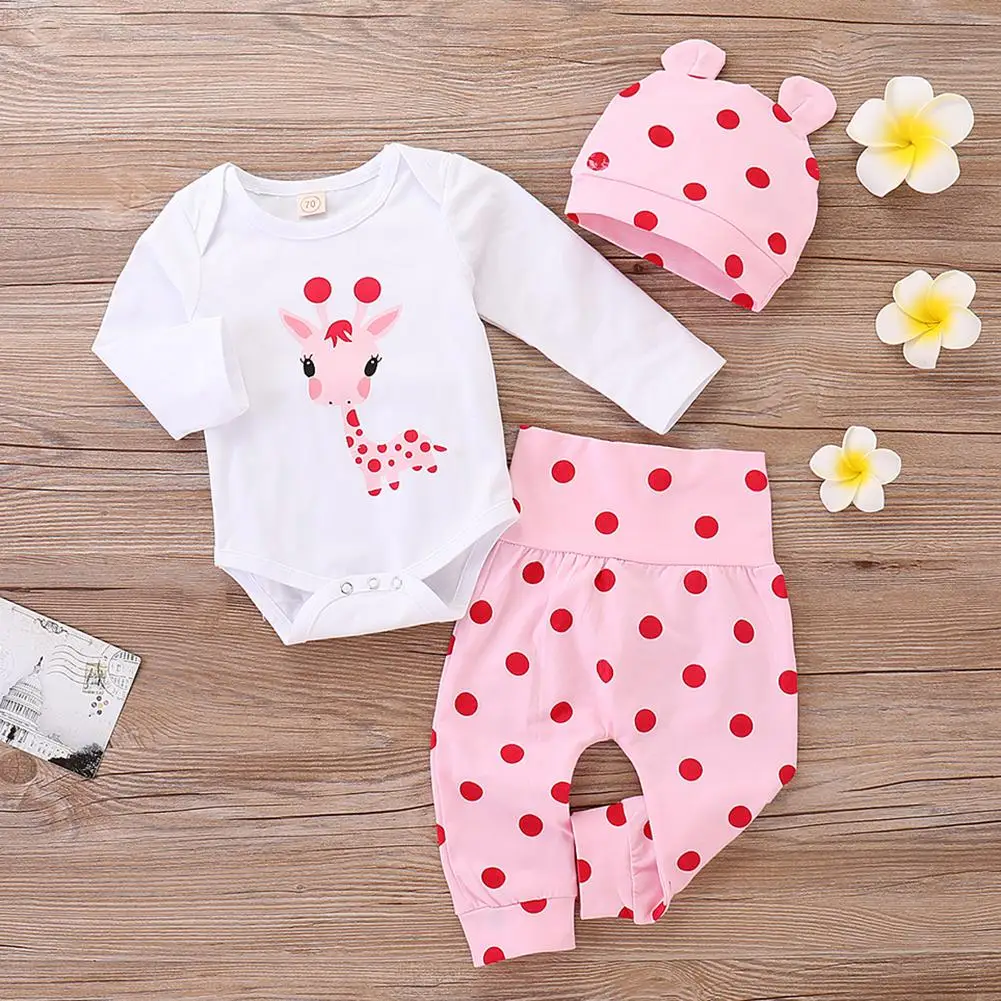 

3pcs Baby Girls Clothes Set Autumn Pink Soft Long Sleeve Giraffe Dot Print Rompers Pants Cap Kids Rompers Pants Cap