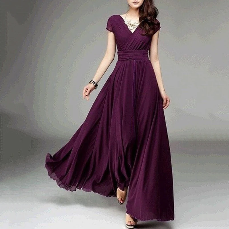 Women Fashion Bohemian Maxi Long Dress Evening Party Solid Dress V-neck Sleeveless