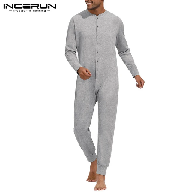 con botones para hombre, de dormir para el hogar, enterizo Sexy, monos, pijama de manga larga, monos, ropa de dormir _ AliExpress Mobile