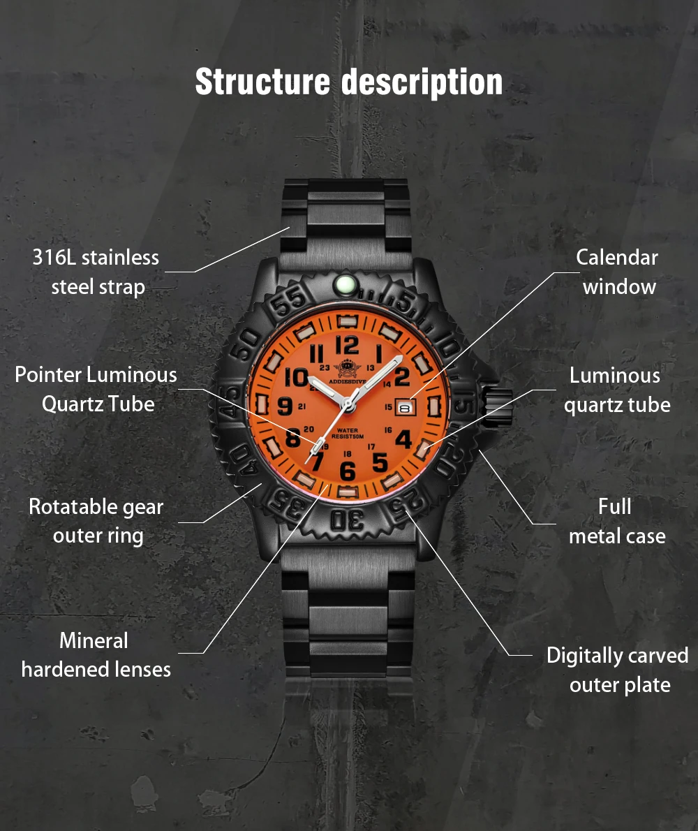 Addies Men Military Outdoor gear Watch 50m Waterproof Luminous Wristwatch relogios masculino Sport stainless steel Men's watches