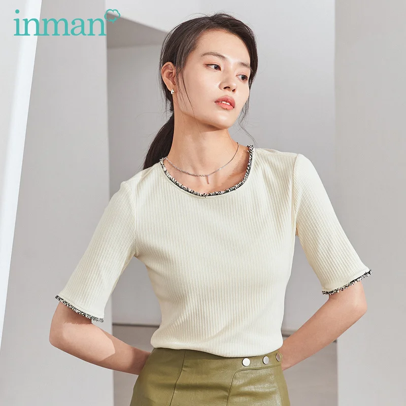 

INMAN 2020 Spring New Arrival Literary Concise Style Splicing Contrast Color Micro-elastic Medium Sleeve Knitted T-shirt