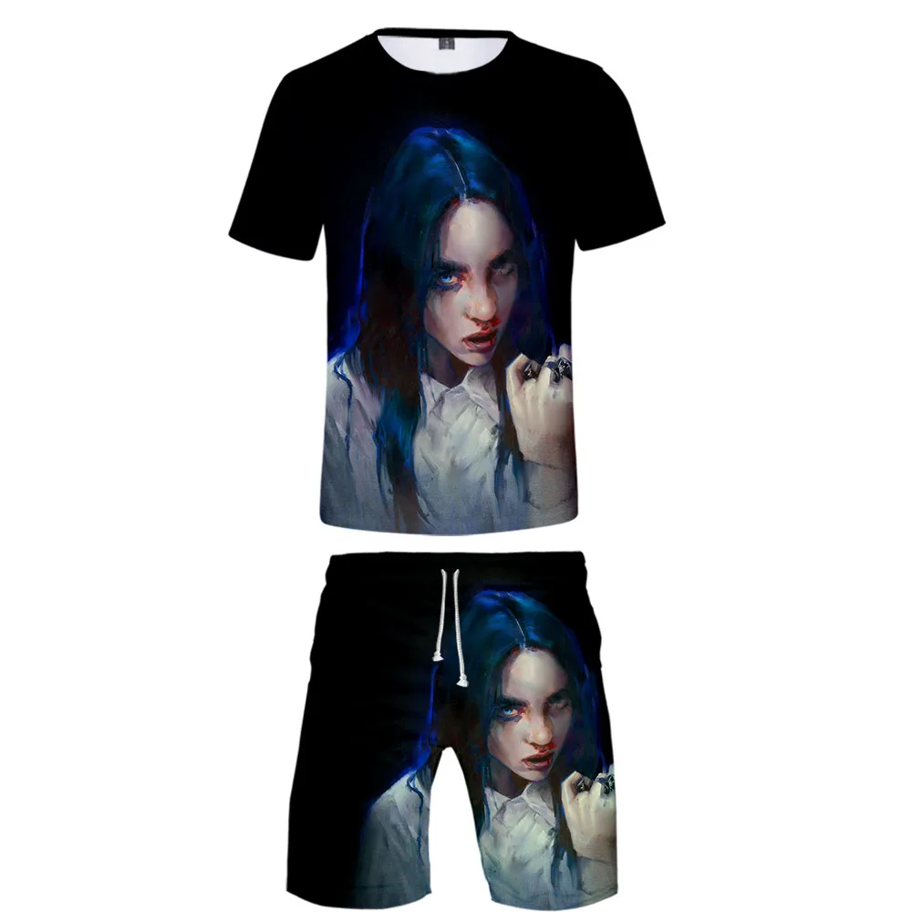 Billie Eilish/комплект из двух предметов с 3D принтом, летний популярный комплект из 2 предметов в стиле хип-хоп, модный спортивный костюм, футболка с высокой посадкой+ короткие штаны, комплекты