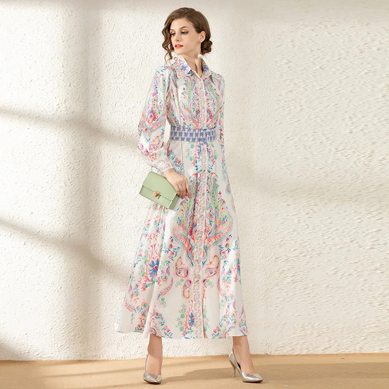 

Large Austrian Europe And America WOMEN'S Dress Palace Retro Positioning Printed Long-sleeve Blouse Collar Long Skirts Dress