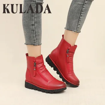 

KULADA New Women Winter Ankle Boot Double Zipper Thick Fur Warm Femal Boots Fashion Platform Wedge Style Women Winter Shoes