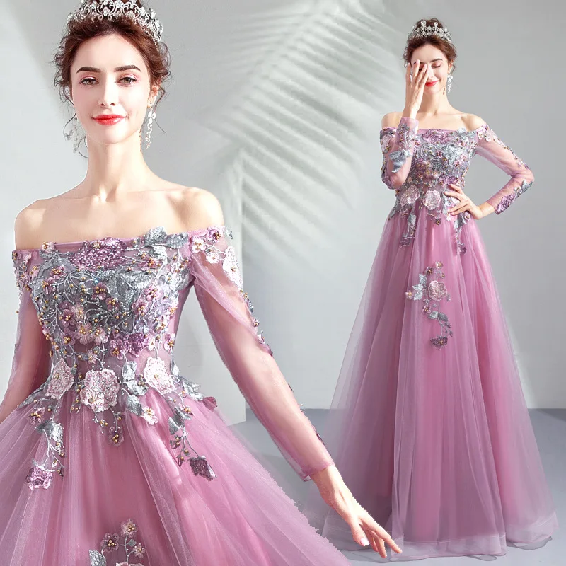 

Purple Embroidery Evening Party Dress Elegant Rhinestone Cheongsam Vintage Bandage Beaded Qipao Dreamy Princess Dresses Gown