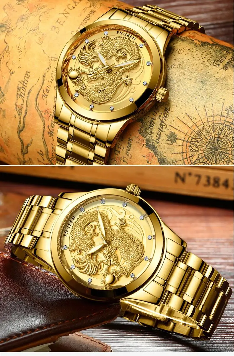 Fegeen Dragon Man Quartz Watch Phoenix Women Quartz Wristwatches Waterproof Gold Color Quartz Ultra-Thin Steel Belt Couple Watch