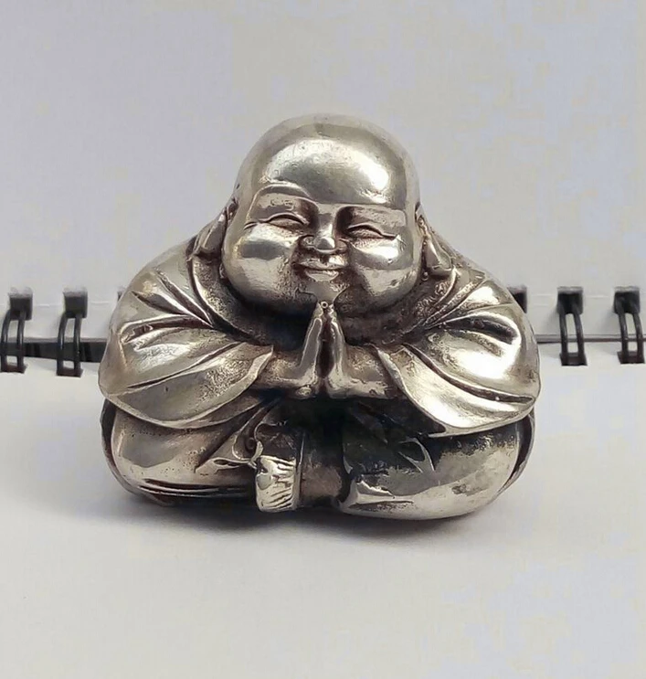 Chinese Old Tibet Silver  Sitting Laughing Kindly Small Buddha Statue 