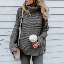 OMIKRON новый осенний вязаный пуловер с длинными рукавами и высоким воротником для женщин, мягкий зимний свитер с высоким разрезом, джемпер