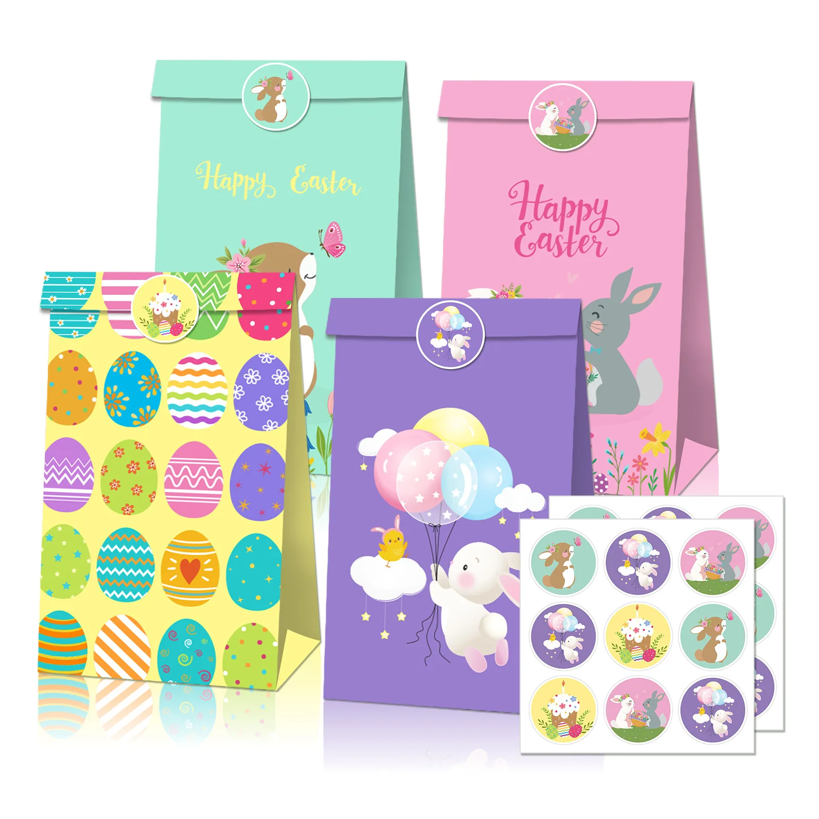 

12Pcs Easter Bunny Kraft Paper Bags with Stickers Treat Bags for Kids Goodie Bags Rabbit Party Candy Cookie Bags Party Supplies