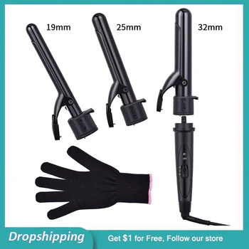 

3 in 1 Curl Barrel Curling Kit Diamond Ceramic Interchangeable Curling Iron Beachy Waves Wand Pouch Heat Resistant Glove