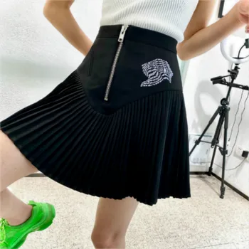 

Women A-line Skirt Black Pleated Zipper Black Skirt A2