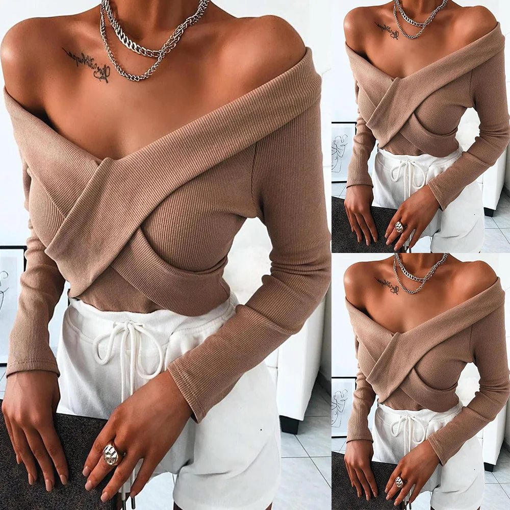 

Women Knitted Sweater V Neck Sexy Off Shoulder Spring Autumn Casual Pullover Elegant Jumpers Pull Femme Tops 2020