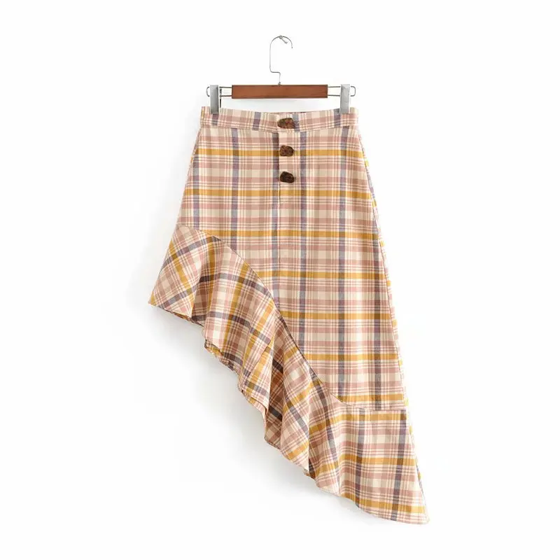 

B6538-Western Style WOMEN'S Dress 2019 Summer New Style High-waisted Non-symmetrical Flounced Plaid Skirt