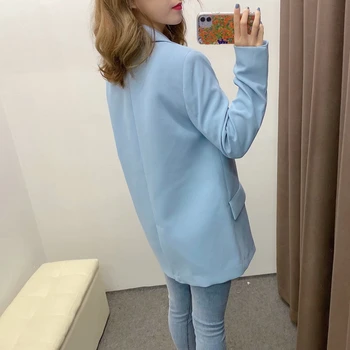 

Autumn Blue Elegant 2020 Office Lady Blazer Women Solid Pockets Suit Jacket Coat Female Tops Casual Loose Blazers Mujer