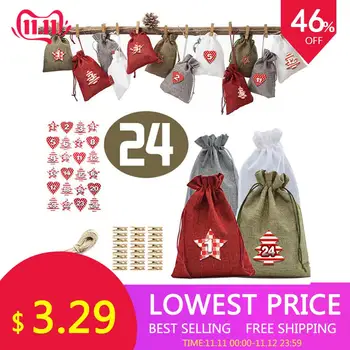 

Christmas Advent Calendar Bags Set 24 Days Burlap Advent Calendar Gift Drawstring Bags DIY Christmas Embellishments with Clips