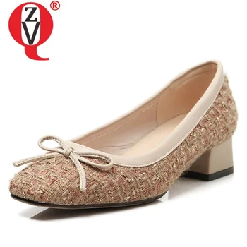 

ZVQ spring autumn new concise women pumps outside square toe mid heels bowtie women shoes drop shipping size 34-39 ladies shoes