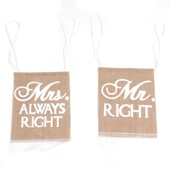 

Wedding Party Khaki Mr Right & Mrs Always Right Pattern Chair Sign Bunting Banner Rustic Lace Decor Burlap (Color: Khaki)