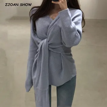 

2020 Women CHIC Korea Tie Bow Sashes Cardigan Vintage Cross V neck Lacing up Long sleeve Slim fit Sweater Jumper Sexy Knitwear