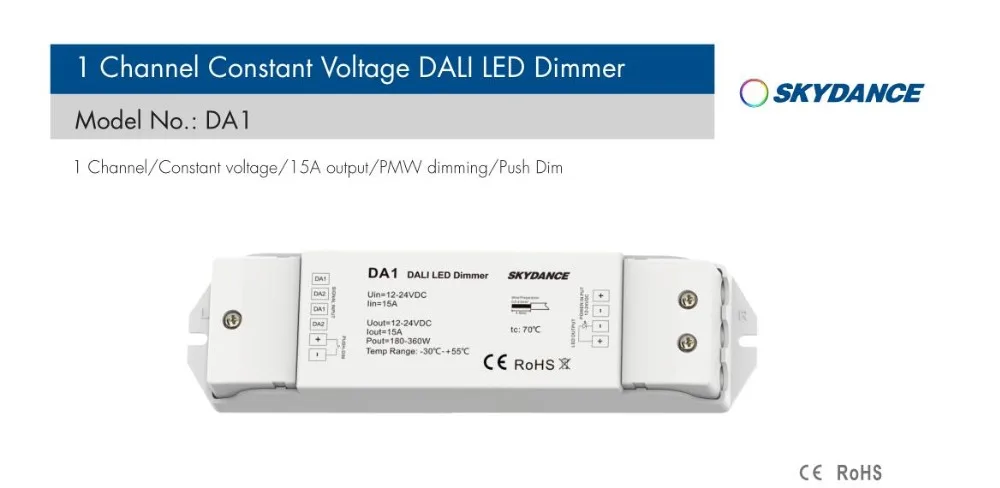 Модель#: DA1; 1CH* 15A 12-24VDC CV DALI Dimmer