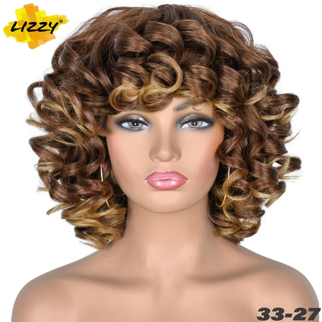 Short Hair Afro Curly Wig With Bangs Loose Synthetic Cosplay Fluffy Shoulder Length Natural Wigs For Black Women Dark Brown 14