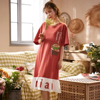 

Women Kawaii Night Dress Summer Sleepwear Cotton Cartoon Print Pajamas Ladies Nightgown Patchwork Night Dress Girls Sleepshirts