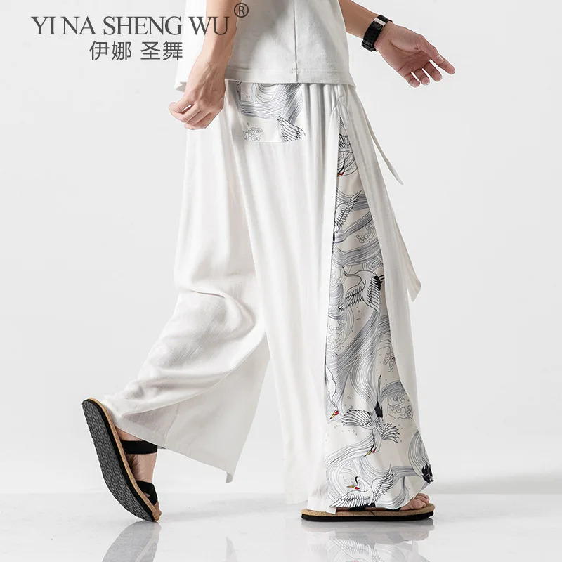 Japanese Style Harajuku Plus Size Men Trousers Crane Samurai News Costume Loose Japan Fashion Straight Streetwear Loose Trousers