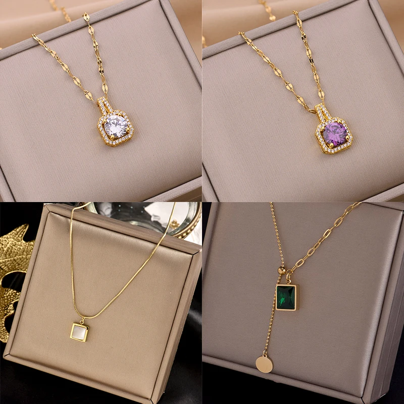 XIYANIKE 316L Stainless Steel New Square Rhinestone Pendant Necklace For Women 2021 Trend Party Gift Fashion Jewelry Wholesale