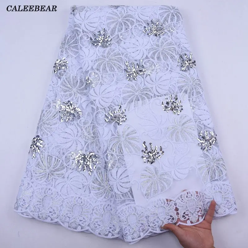 Latest Pure White African Sequin Lace Fabric Embroidery French Mesh Lace Fabric With Sequins Nigerian Tulle Lace For Party S2041