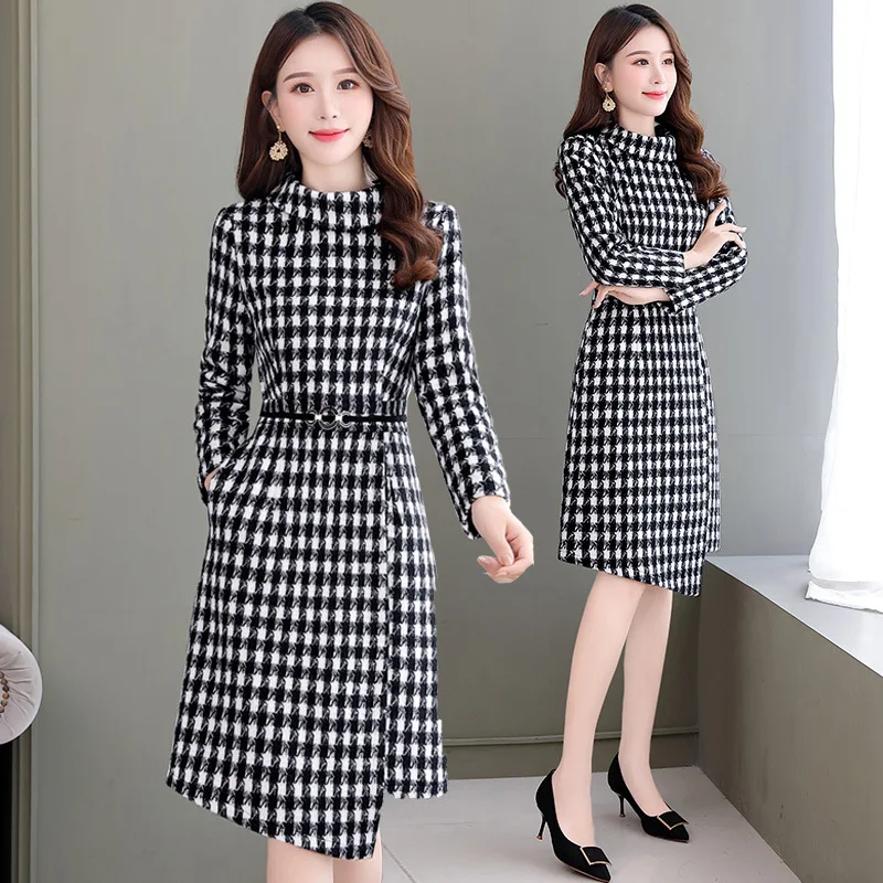 

Woolen Dress Women's Autumn And Winter 2019 New Style Long Sleeve Waist Hugging Slimming Debutante Elegant Mid-length Plaid Base