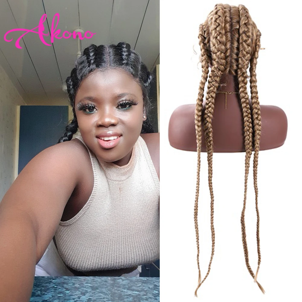 30 pulgadas trenzado pelucas sintético peluca con malla frontal para las mujeres negras Cornrow trenzas de encaje pelucas con minimechones peluca trenzada en caja 613 Color