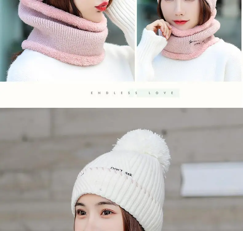 Новая брендовая шерстяная меховая шапка с помпоном зимняя женская шапка для девочек, теплые вязанные шарф и шапка, комплект для девочек, теплая Женская шапка