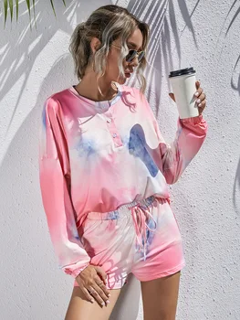 

2020 New Autumn 2 Pieces Nightwear Set Women’ s Tie-Dye Print Round Neck Long Sleeve Top and Shorts S/M/L/XL