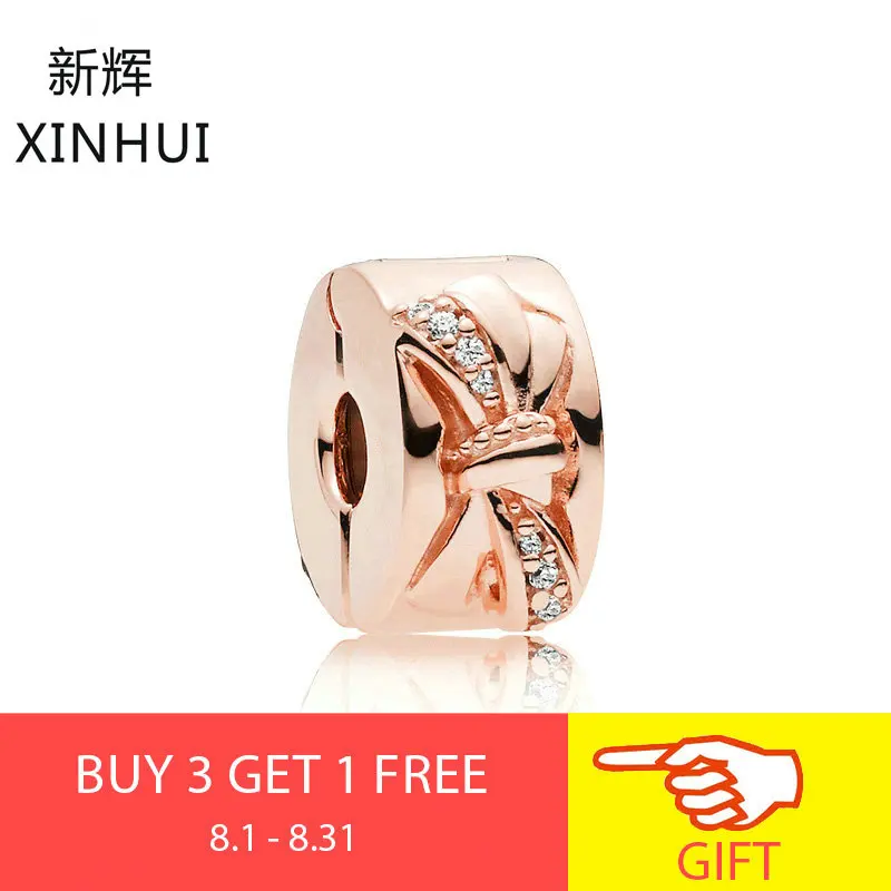 

XINHUI 100%925 Sterling Silver Charm Bowknot Beads Clip with Paved Clear CZ Fit Bracelet Necklace For Women Jewelry Gift