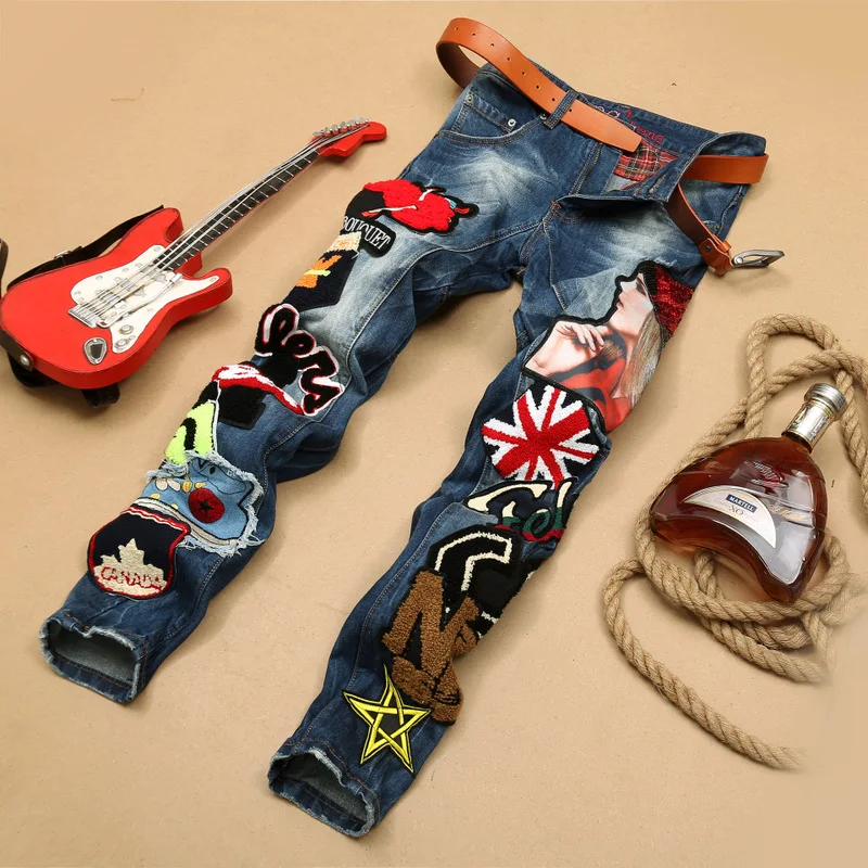 

Cross-border exclusively for men in Europe and the straight skinny jeans embroidery badge splicing washed denim trousers