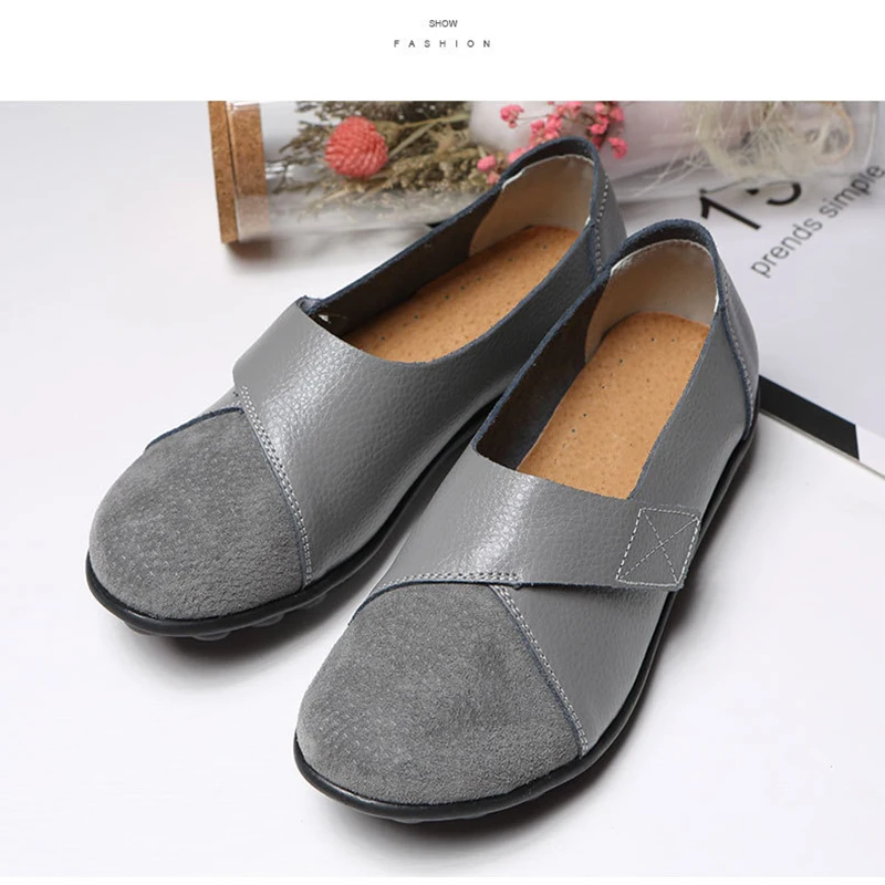 Woman's Flats Loafers Shoes Soft Genuine Leather Casual Shoes Big Size 35-44 Mocassin Boat for Women Hook Loop de mujer women shoes women flats casual shoes