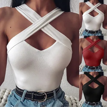 

Women Sexy Tops Cross Sleeveless Solid Vest Hollow Shirt Slim Fit Summer tops de mujer Casual Fashion Shirts for Female Ladies
