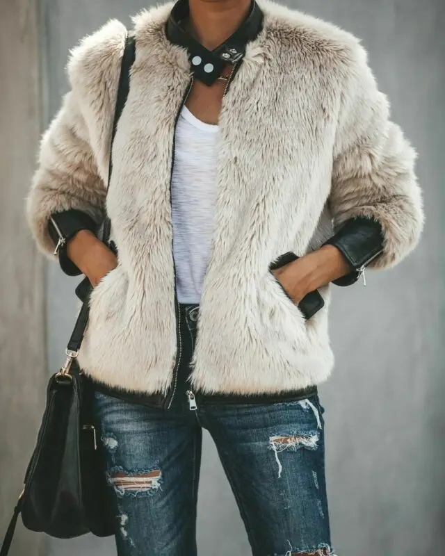 2019 Hot Women Warm Teddy Bear Fleece Leather Faux Fur Patchwork Pocket Long Sleeve Slim Jacket Zip Up Oversize Outwear Coats | Женская