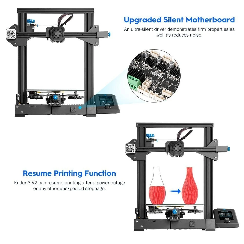 Creality Ender-3 V2 3D Printer FDM Printing Kit Upgraded Silent Motherboard Glass Bed 4.3 Inch Color Lcd Sensor Resume Printing