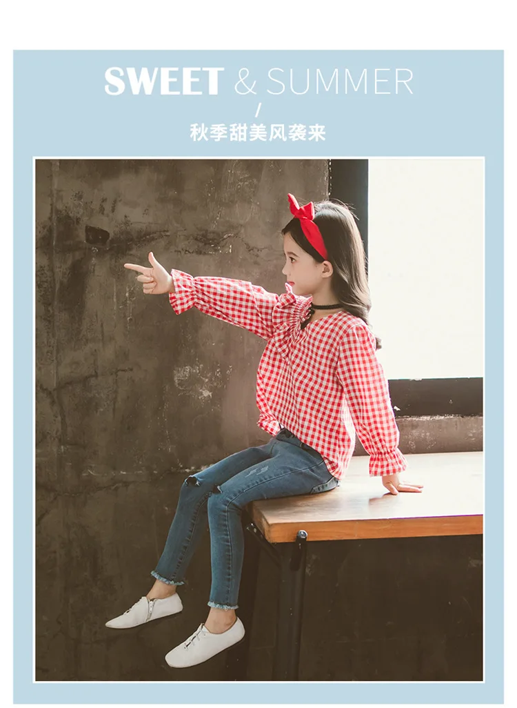 Детская рубашка; Новинка года; стильная осенняя одежда в Корейском стиле для девочек; клетчатая рубашка с v-образным вырезом для детей среднего и большого размера