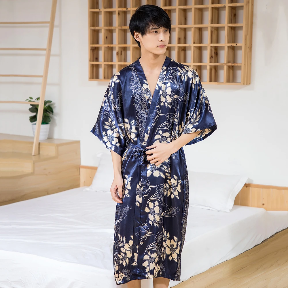 Cotton Comfortable Men Robes Solid Sleepwear Japanese Style Male Kimono Bathrobe Gown Nightwear Dark Blue