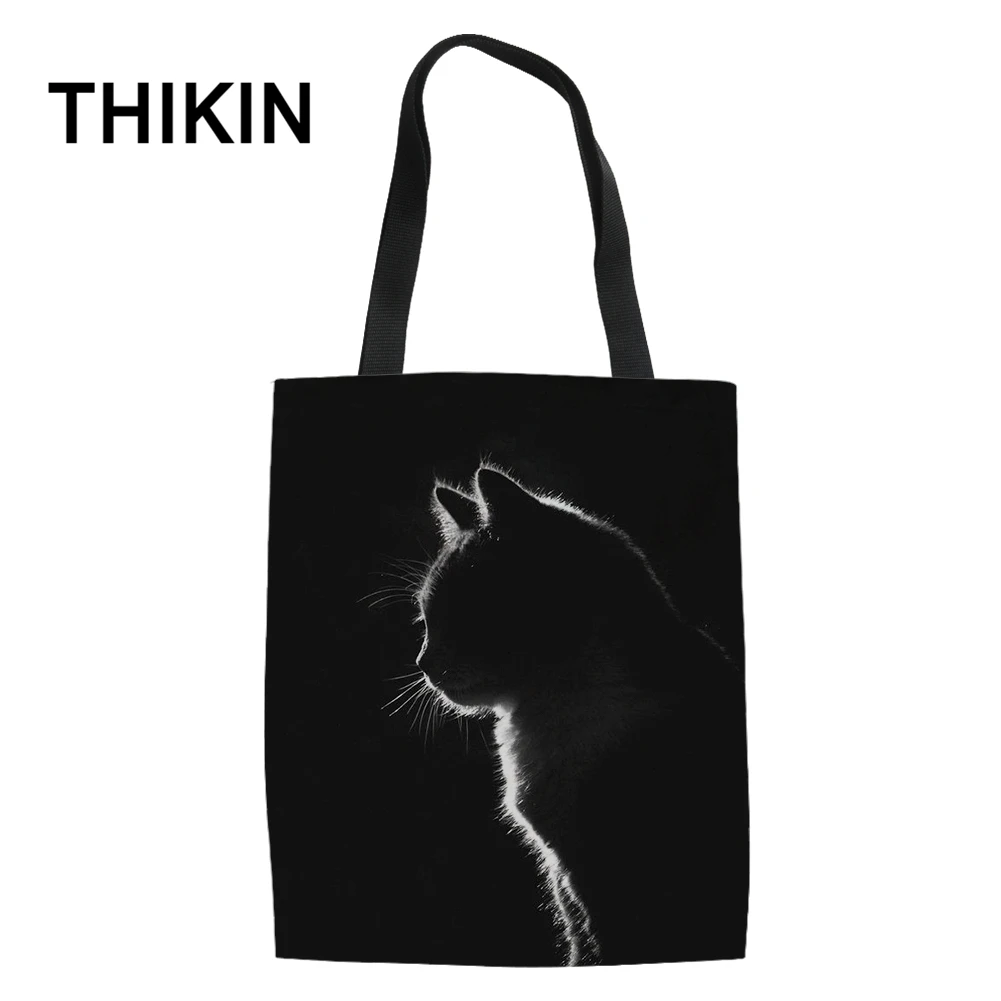 THIKIN 3D черная кошка печать холст сумки для подростков Милая книга с изображением животных Сумки настроить дамы складная сумка для покупок оптом - Цвет: 1