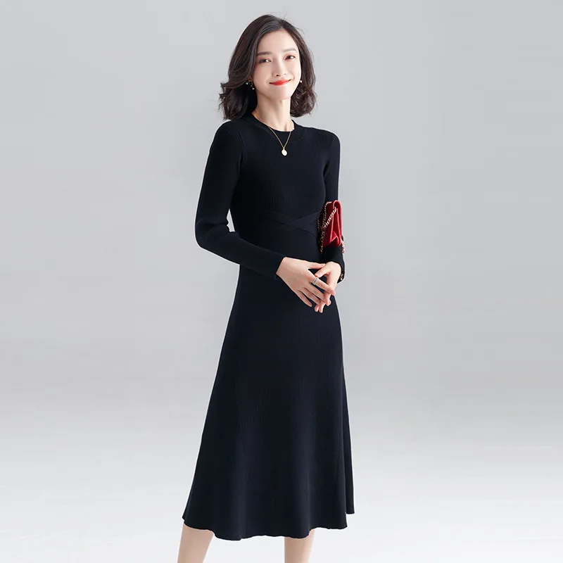 INNASOFAN knitted dress women Autumn Winter long-sleeved dress Euro-American fashion chic dress solid color - Цвет: Черный