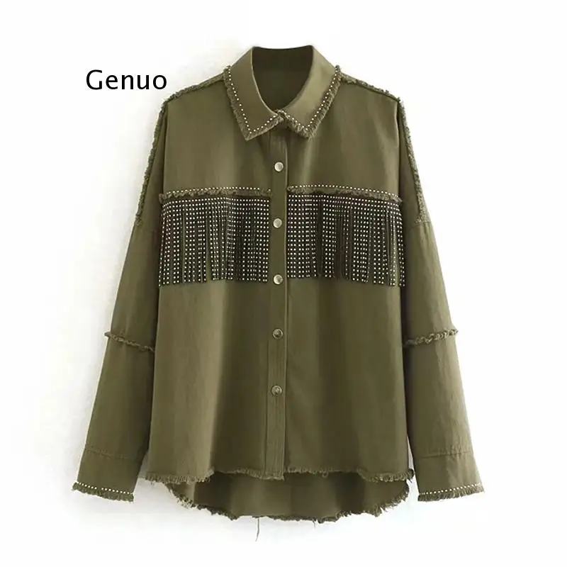 

Women Tassel Rivet Stylish Chic Jacket Batwing Long Sleeve Streetwear Thin Coat Turn Down Collar Lady Tops Autumn Spring