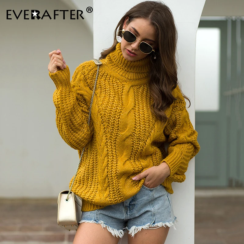 EVERAFTER, водолазка, однотонный вязаный свитер, Женский пуловер, в полоску, свободный, Осень-зима, для девушек, толстый свитер, Повседневный, для женщин