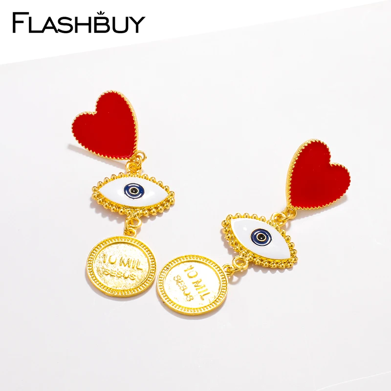 

Flashbuy Fashion Red Heart Metal Line Drop Earrings For Women Geometric Oil Evil Eyes Round Trendy Earrings Wedding Accessories