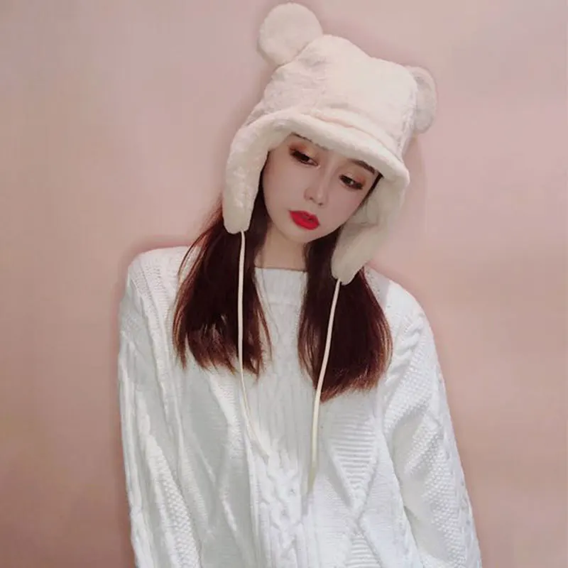 

Hat Women's Autumn And Winter Ushanka Plush Cartoon Soft Girl Warm Ear Protection qi che mao Ear Winter Hats Brushed And Thick