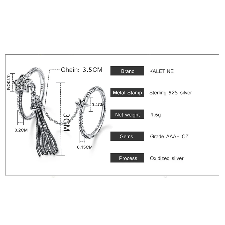 Калетин кисточкой кольцо 925 пробы серебряные кольца для женщин Два кольцо с дизайном «звёзды» со звеньями Цепи Кристалл стек старинные богемные ювелирные изделия